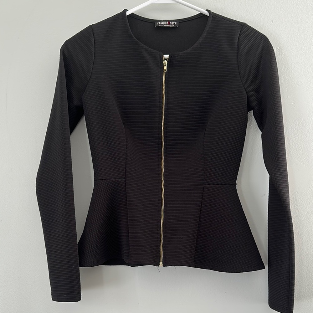 Black Peplum Zip-Up Jacket